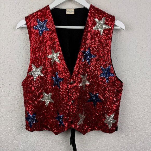 Vintage Vest Adult Small All Sequin Star Patriotic Snap Front Red White Blue - Picture 2 of 10